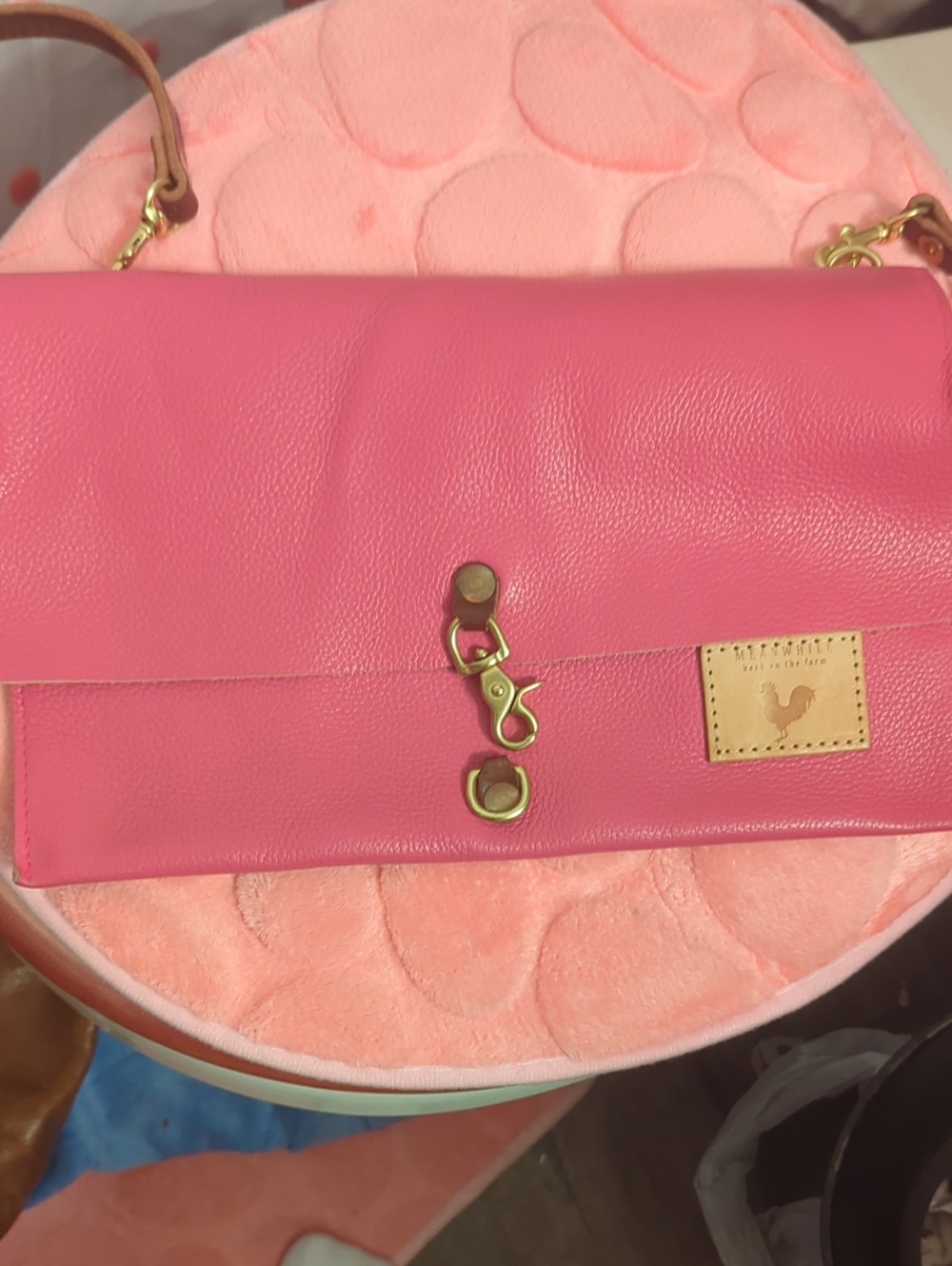 Hot Pink Leather Crossbody Bag with Gold Accents